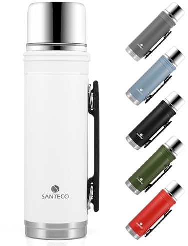 SANTECO Thermoskanne 1L - Thermoskanne mit Trinkbecher für unterwegs - Thermosflasche Edelstahl mit griff - Auslaufsicher Isolierflasche Kaffee & Tee - BPA Frei, für Heiß und Kalt