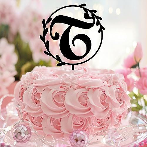 Initial Letter T Cake Cupcake Toppers Calligraphy Initialen Wreath Cake Toppers for Wedding Engagement Cake Supplies Decorations Customized Fabulous Monogram Wreath Black Acrylic Black