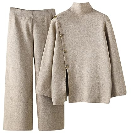AMhomely 2-teiliges Co Ord-Set für Damen, Pullover und Hose, lässiges Outfit, langärmelig, Hosenanzug, einfarbig, schlank, Loungehose, gestrickt, Winter, Herbst, 02 Khaki, Einheitsgröße
