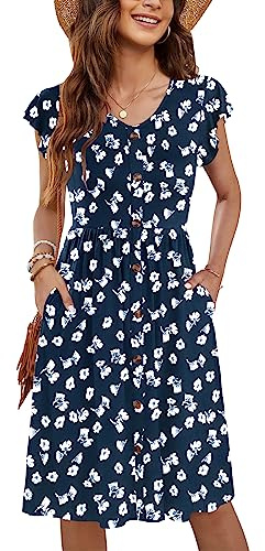 MOLERANI Women Summer Dresses Ruffle Sleeve V Neck Casual Swing Elastic Waist Midi Dress with Pockets Deep Floral Navy M