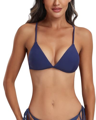 FITTOO Bikini a triangolo da donna, con reggiseno push up sportivo, con allacciatura al collo, sexy, con imbottitura, Blu mare, L