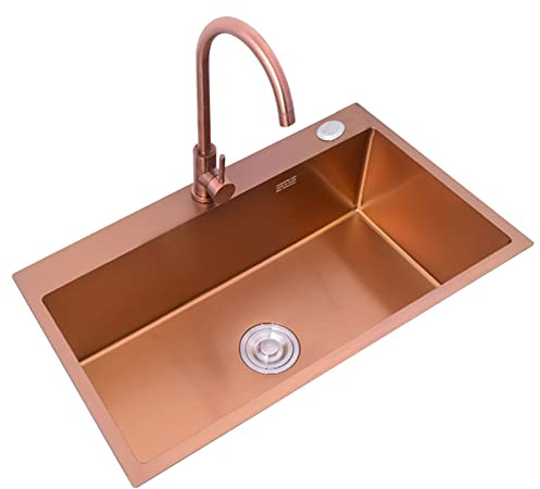 Fregadero de Un Solo Tazón de Acero Inoxidable con Grifo de Codo de Oro Rosa - Encimera Grande de Cocina Hecho a Mano de 21 cm de Profundidad de Ángulo