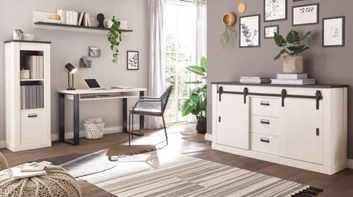 Furn.Design Büromöbel Set in weiß Pinie und anthrazit Landhaus Büroeinrichtung mit Aktenschrank, Kommode, Schreibtisch und Wandboard 4-teilig Stove (Set 5)