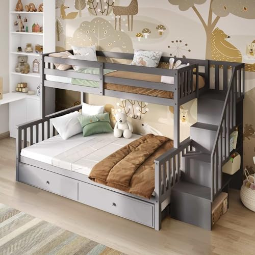 Flair Furnishings - Triple Bunk Bed for Kids with Trundle Bed, Integrated Staircase with Built-In Storage, Heavy Duty, Sleek and Stylish (Grey)