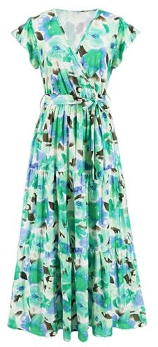 Neues Sommerkleid für Damen mit V-Ausschnitt und Rüschenärmeln, böhmischer bedruckter Langer Rock in Übergröße, Explosion-LQ616-lv-M