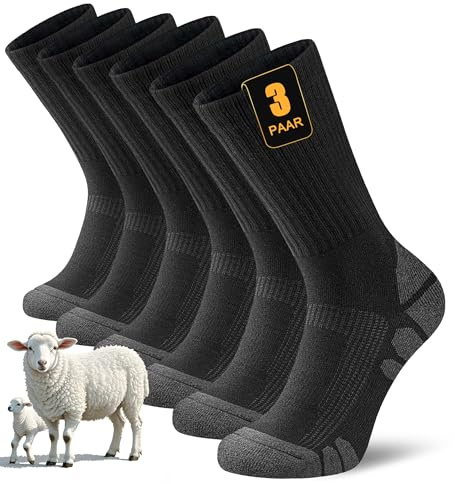 FORVEVO 60% Merino Wandersocken Herren 47-50, 3 Paar Wollsocken Herren Gepolstert, Thermo Wintersocken,Atmungsaktiv Sportsocken für Sport Trekking Outdoor, Schwarz
