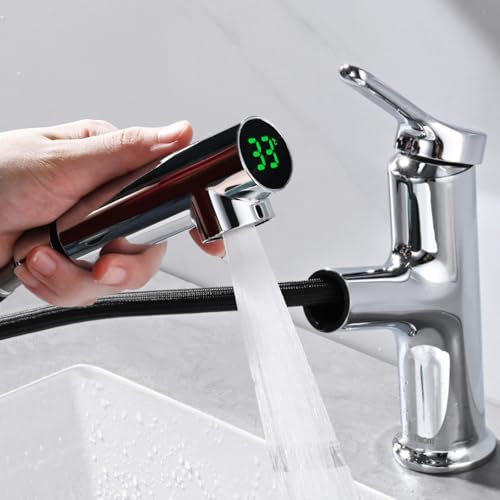 DETBOM Rubinetto Lavabo Smart con Display LED Temperatura - Doccetta Estraibile 2 Modalità, Autogenerazione Energetica, Senza Batterie, Miscelatore Rubinetti Monocomando Bagno, Design Cromato Moderno