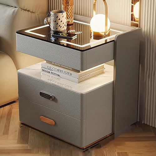 Wireless Charging Smart Nightstand with LED Lights and Tempered Glass Top - Open Storage Bedside Table for Bedroom Furniture