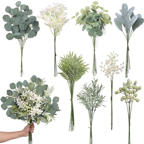 75 Stück Künstliche Blumen und Zweige， 8 Arten Gefälschte Pflanze drinnenDecor，brautstrauß，Eukalyptus Dekozweige，Wie Echt Eukalyptus ，für Küche Garten, Balkon, Schlafzimmer, Bankett, Hochzeit （Grün）