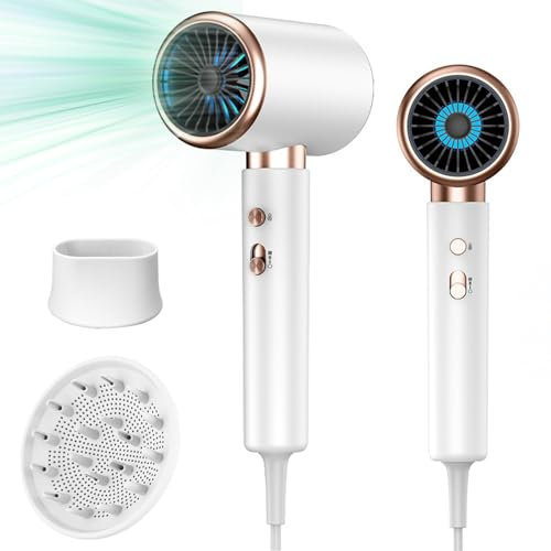 Asciugacapelli ionico professionale, asciugacapelli da 2400 W con pulsante caldo/freddo, 3 impostazioni di temperatura, diffusore incluso, adatto per parrucchieri professionali/domestici (Bianco)