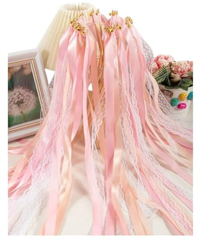Zauberstäbe Hochzeit Luftschlangen 10/20/50pcs White Ribbon Magic Wand Fairy Wedding Wedding On The Wedding Whirl Lace Ribbon And Party Bells Wedding Cheer Props für Hochzeiten(Pink,20pcs)