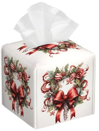 Quadratische Taschentuchbox-Abdeckung, Leder, Weihnachtsdekoration, rote Schleife, Gesichtspapierhülle für Tischplatte, Badezimmer, Auto, Büro, 13 x 13 x 13 cm