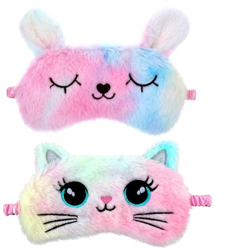 2 st plysch ögonmask mjuk sömn ögonbindel ögonskydd bekväm söt djur sovmask satin tupplur natt ögonskugga skydd för kvinnor män gåva (flerfärgad, katt och kanin stil)