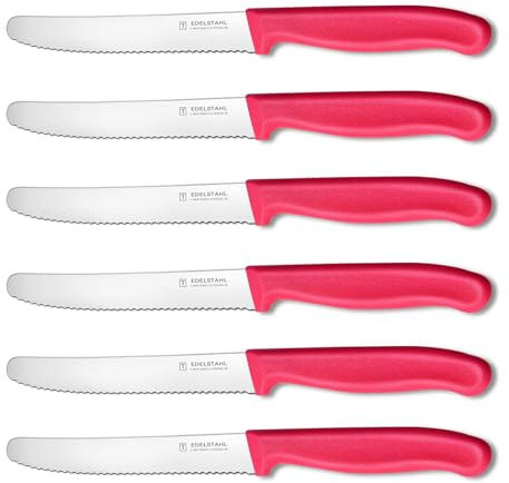 targzier Tomato Knife,Set of 6,Serrated Kitchen Knives,Sharp Blade Classic Utility Knife,Stainless Steel Wavy Edge Tomato Knives&Table Knives,Pink Plastic Handle Dinner Knifes,Dishwasher Safe