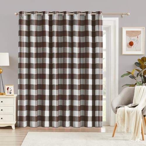 Melodieux Buffalo Check Plaid Sliding Door Curtains 96 Inches Long, Extra Wide Blackout Curtains Thermal Insulated Living Room Divider Patio Door Drape Grommet, Brown, 100 x 96 Inch, 1 Panel