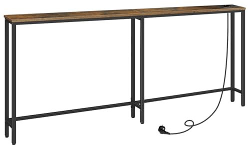 HOOBRO Schmaler Konsolentisch mit Steckdosenleiste, Konsolentisch mit Ladestation, schmaler Sofatisch, Konsole hinter dem Sofa, für Eingangsbereich, Flur, rustikales Braun und Schwarz EBF185CXG01