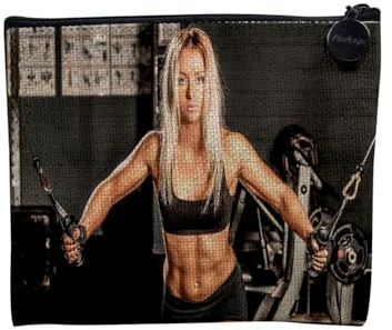 Pochette en Lin - Jolie Fille Fitness Musculation Workout - Trousse Maquillage en Toile Aspect Lin - Porte Monnaie - 15 x10 cm