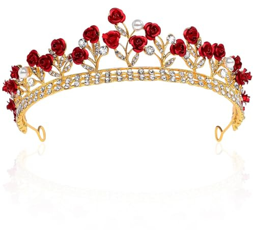 Rote Rosen-Diademe, Strasskrone, Rose Strass-Krone Hochzeit, Diadem, Rosen Kronen Tiara, Krone Halloween, Diadem Damen, Tiara Rot, Geeignet für Karneval, Valentinstag, Hochzeitshaarschmuck
