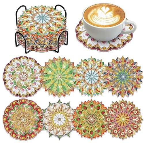 Diamond Painting Untersetzer Mandala Basteln für Kinder,8 Pcs 5D DIY-Mandala Coasters, Geburtstagsgeschenk kann Lange Wiederverwendet Diamant Tassenuntersetzer für Anfänger, Erwachsene & Kinder