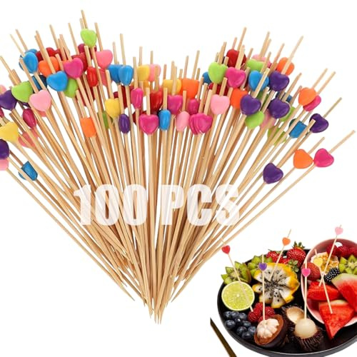 Cocktail bâtons 100 Pièces Pique Aperitif BQRKOTM Compte Cure-Dents en Bois fête Fournitures pour Nourriture Fruits Sandwich grignote - Coeurs colorés