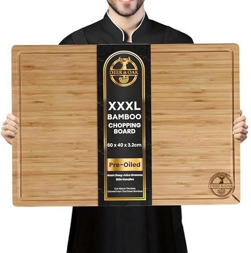 Deer & Oak XXXL Bamboo Chopping Board 60 x 40 x 3.2cm, Pre-Oiled 2 Feet Wide Extra Large Solid Wooden Cutting Board, Carving Board, Charcuterie Cheese Serving Board, Double-Sided, Juice Grooves