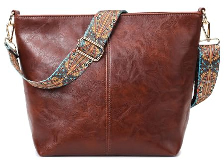 Haiwill Damaxelväska, stor crossbody-väska med bred rem i läder, hobo-väska, shoppingväska, retro-axelväska, handväska för vardag, kontor, skolresa och shopping