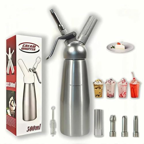ZZTLHDS Stainless-Steel Cream Whipper Canister, Professional Whipped Cream Dispenser, 500ML Aluminum Canister with 3 Decorating Nozzles & Cleaning Brush, Leak-Proof Design