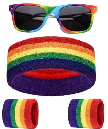 Amazleer Gay Pride Accessoires 4 Stück Regenbogen Schweißbänder Set und Brille Accessoires für Christopher Street Day, Schwulenparade, Fest, Party, und Events