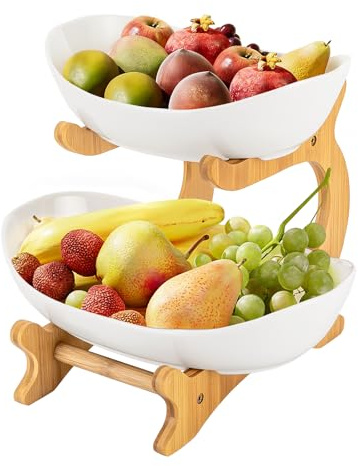 Repomanda 2-Tier Ceramic Fruit Bowl with Bamboo Stand – Large Kitchen Countertop Organizer for Fruits, Vegetables, Snacks & Bread – Yuanbao-Shaped, Anti-Slip (White)