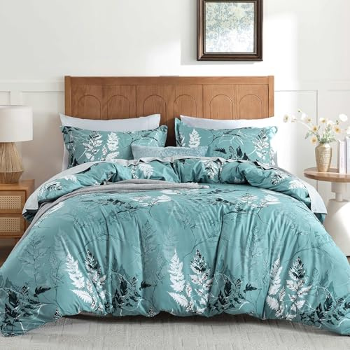 DJY 3-Piece Double Size Duvet Cover Set - Soft Wrinkle-Resistant Microfiber Bedding, Blue Floral Pattern with Hidden Zipper (Teal Blue, 200x200cm)