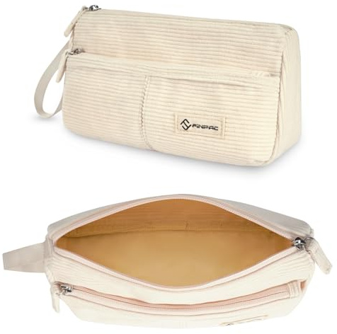 FINPAC Federmäppchen Pencil case, Cord-Stoff Mäppchen mit Handschlaufe Große Kapazität Federtasche Schulmäppchen Schreibwarenbeutel Bleistiftbeutel Stiftetasche für Schule Büro (Beige)