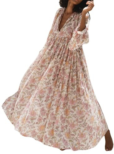 FeMereina Women Boho Floral Maxi Dress Puff Sleeve Flowy Long Dress V Neck Loose Fit Shirtdress Bohemian Tiered Sundress