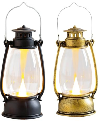 2 Pack Vintage Lantern LED Camping Lamps, Electric Camping Lanterns, Portable Flickering Flame Retro Lantern, Led Lanterns with Handle for Patio Garden Yard Porch