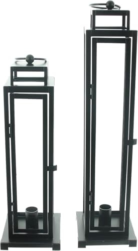 FRANK FLECHTWAREN Laterne Modern Black, 2er Set, Metall, Mattschwarz | 11 x 11 x 34 cm und 11 x 11 x 44 cm, Für Stabkerzen max. Ø 2,2 cm, Ohne Kerzen, Vielseitig einsetzbar