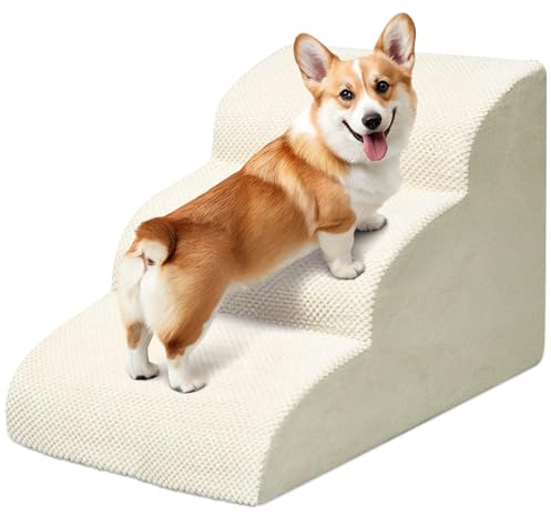 Niubya Hundetreppe für Kleine Hunde, H40 cm, für Katzentreppe Hundetreppe Bett und Sofa, ältere und verletzte Haustiere, mit waschbarem Bezug und hochdichtem Schaumstoff (Beige, 3 Stufen)
