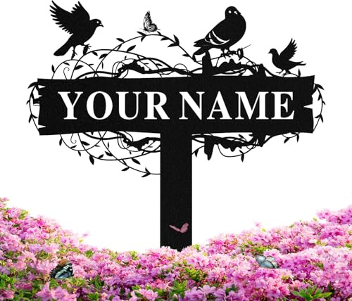 Personalized Garden Signs with Stake, Metal Custom Garden Signs for Outdoor, Waterproof Customized Metal Name Sign, Cheerful Birds Design Gardening Gifts