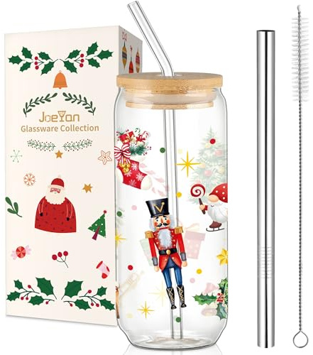 Joeyan 600ml Weihnachtsgläser,20 oz Weihnachten Nussknacker Trinkgläser mit Deckel und Strohhalm,Auslaufsicher Weihnachtsbecher für Matcha Eiskaffee Smoothie Bubble Tea Bier,Schöne Weihnachtsgeschenke