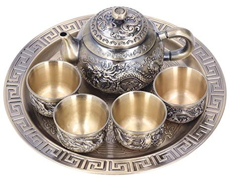 Syrisora Service à thé Vintage, Théière, Service à café Turc, Théière Vintage Exquise en Métal Luxueux Motif en Relief Service à thé Marocain avec Tasses et Assiettes pour Décoration de