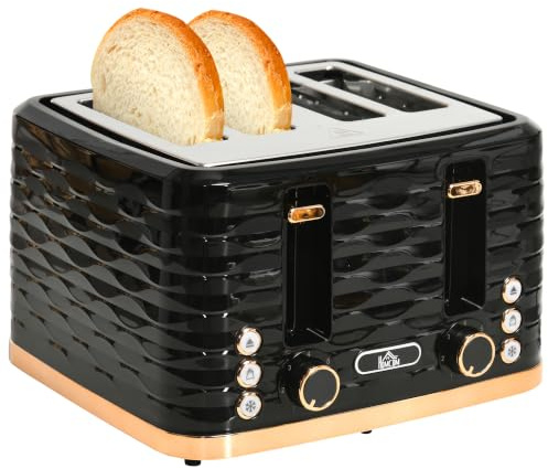 HOMCOM 4-Scheiben-Toaster, 7 Bräunungsstufen, 1860W, Schwarze Wellenoptik | High-Lift, Aufwärm-/Auftau-/Abbruchs-Funktion, Selbstzentrierung, Herausnehmbare Krümelschublade, Automatische Abschaltung