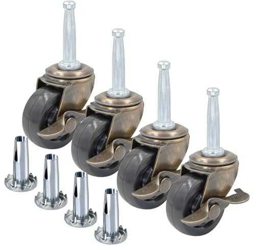 2 Inch Antique Brass Caster Wheels with Brake, Rubber Casters 5/16 Inch x 1-1/2 Inch (8 x 38mm) Stem Sockets Caster for Sofa, Chair, Cabinet, Dresser Vintage Furniture Set of 4 (2.0inch with Brake)
