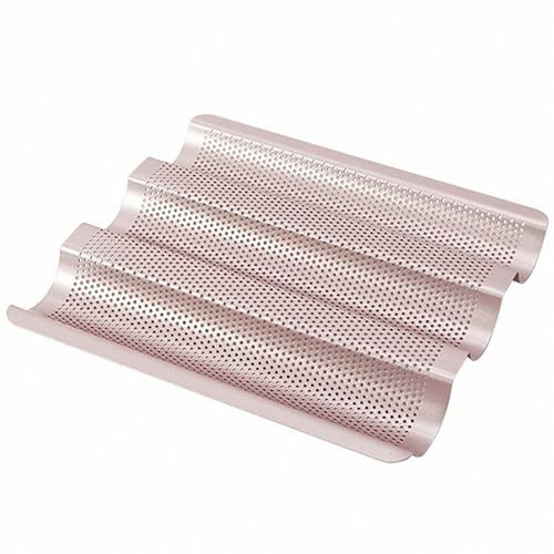 DWWTKL Perforated Baguette Pan, 11-Inch 3 Wave Loaves Non-Stick Ultra-Ventilate French Bread, Hot Dog Buns, Sourdough, Italian Bread Tray 2-Inch Channel for Oven Baking 10.6 x 9.5 - Champagne Gold