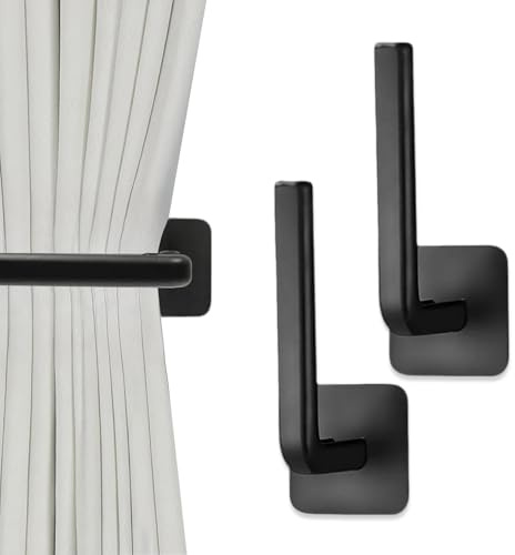 Vorhang Raffhalter, Gardinenhaken Selbstklebend, Ohne Bohren, Gardinenhalter Wand, L-Förmig Vorhang Halter für Dekorieren von Vorhängen und Aufhängen von Gegenständen (2, Schwarz)