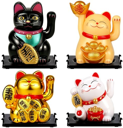 OFFAXE Lucky Cat Waving Arm 4PCS Waving Cat 2 Small Solar Powered Maneki Neko Lucky Beckoning Feng Shui Fortune Wealth Chinese Cat with Dust Cover for Home Office Car Stores