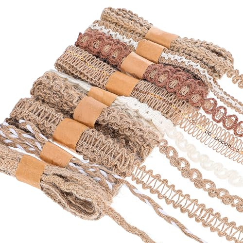 Jeffdad 9 Rollen Bohemien Juteband Vintage Bastelband Natürliche Juteband | Geschenkband Spitzenband Stoffband Jute Band Rolle Dekoband für Geschenkverpackung Hochzeitdeko DIY Basteln Heimdekoration