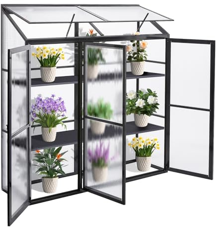 Aluminum Lean-To Greenhouse - Compact Tomato Greenhouse with 3 Doors - 190 x 55 x 180 cm - Black Garden Shelter for Vegetables and Plants