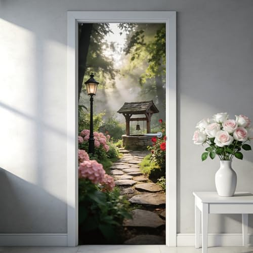 TNKBREEZE 2 Pcs Cottage Garden Door Stickers Vintage Wishing Well Peel and Stick Vinyl Full Door Decals Self-Adhesive Removable Covers Mural Home Decor for Bedroom Living Room Wardrobe 78.7x15.7