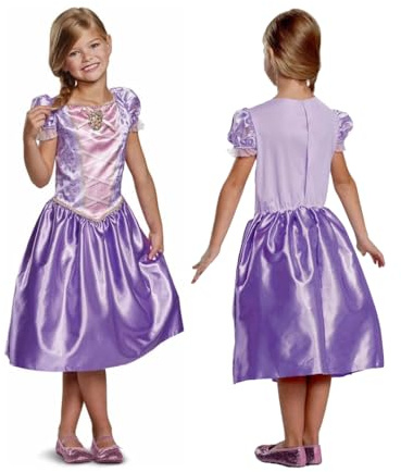 Disney Princesses - klassisk Rapunzel-förklädnad för barn - officiell licens - storlek M (7 till 8 år) - rosa - brosch ingår - realistisk kostym - gyllene broderi - cosplay - barngåva