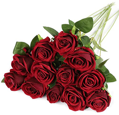 anaoo 12 STK Künstliche Rosen Blumen Realistische Seidenblumen Rosen Bulk Brautstrauss Blumenstrauß Dekoration Hochzeitsstrauß Party Hausgarten Büro Mittelstücke Dekor Blumenarrangement, Weinrot