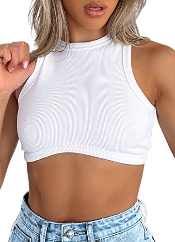 Navneet Women Crop Top Sexy Racerback Vest Tops Ribbed Sleeveless Cropped Tank Tops Going Out Top White M