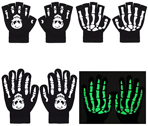 TAGVO Stretch-Fäustlinge Halbfinger-Handschuhe 4 Paare, Halloween Cosplay Skelett Handschuhe Fäustlinge, Kinderhandschuh Winterhandschuh für Halloween, Täglichen Gebrauch von 5-13 Jahre